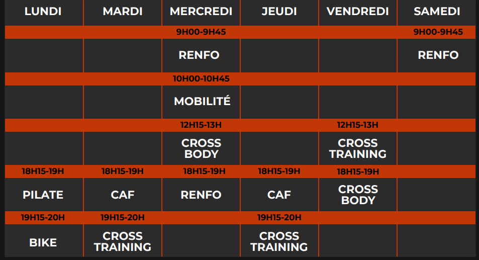 Planning hebdomadaire des cours collectifs Old's Gym : du lundi au samedi, créneaux de 9h à 20h (Renfo, Mobilité, Cross Body, Cross Training, Pilates, CAF, Bike).